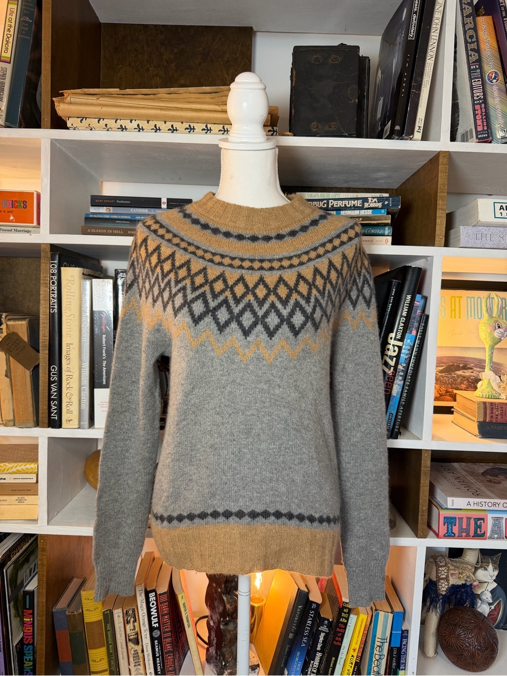 J. Crew Grey and Tan Fair Isle Crewneck Sweater